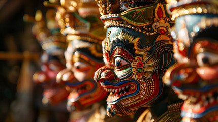 An array of handcrafted Balinese wooden masks captured in close-up with a focus on detail and...