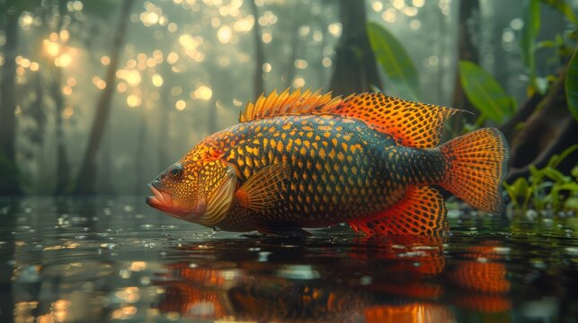   A detailed photo of a fish in water surrounded by trees, bathed in sunlight