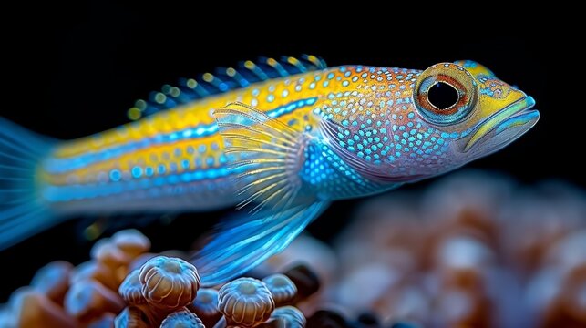   A close-up image of a vibrant blue and yellow fish swimming amidst colorful coral reefs in the background