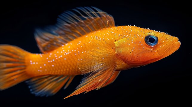   A close-up photo of a goldfish with water drops on its body against a dark background