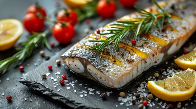   Close-up image of fish on plate with lemons and tomatoes
