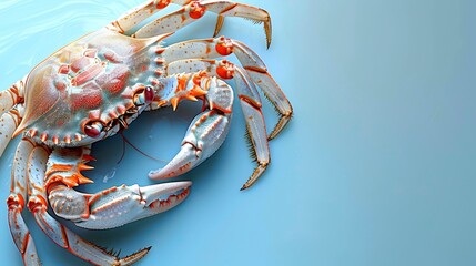   Close-up of crab on blue surface, reflected in water