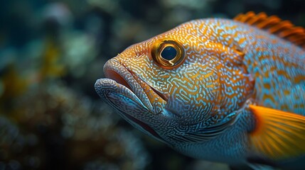 Obraz premium Blue-yellow fish with black-white stripe and coral background