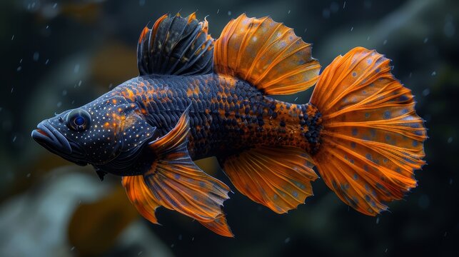   A close-up photo of an orange and black fish with distinct black spots on its head and a contrasting black and white striped tail