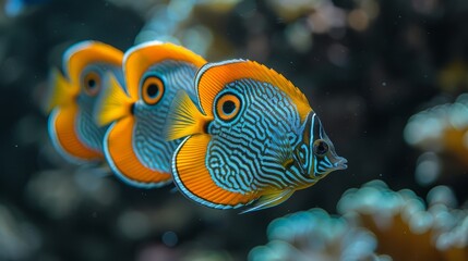Fototapeta na wymiar Orange-blue fish swimming in blue-green water with coral backdrop