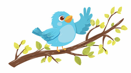 Cartoon blue bird waving on tree branch flat vector is