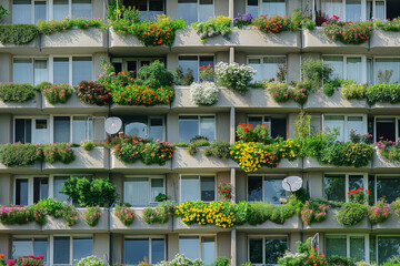 Apartment building residents creating a vertical garden on their balconies