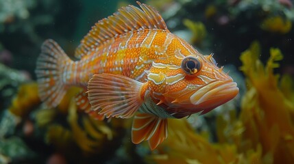   A close-up photo of a colorful fish on an intricate coral reef with more corals in the backdrop and clear water in the foreground