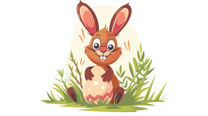 Cartoon bunny come out from an Easter egg flat vector