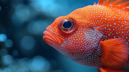   A close-up of an orange fish with white spots on its body against a blue background