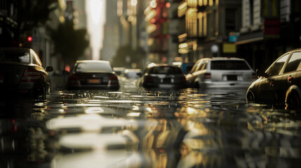 A flooded city street with cars driving on it, reflections of buildings and lights in the water,...