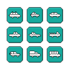 Pixel art, 90s mood, 8bit retro style cars automobile, set of pixilated car video game icons or symbols on pixelated style vector illustration
