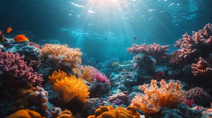   An underwater shot of a vibrant coral reef, bathed in sunlight and adorned with seaweed and colorful corals at its base