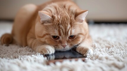 cat playing smartphone on bed.