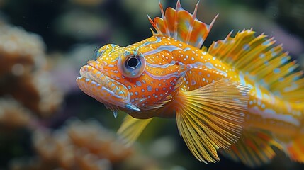   A detailed photo of a vibrant yellow and orange fish boasting a striking black and white pattern on its body and head