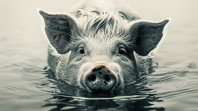   A close-up photo of a pig in water with its head above the surface
