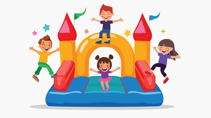 Cartoon children on a bouncy castle flat vector isolated