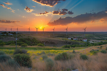 Sunset at Wind Farm: Renewable Energy Landscape with Wind Turbines Against a Fiery Sky - Sustainable Power Generation