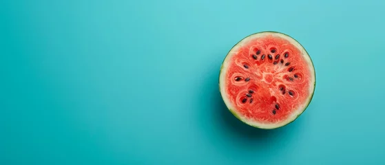 Foto op Plexiglas   Watermelon on blue table with slices © Jevjenijs