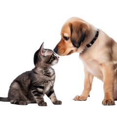 Fototapeta premium Cat and dog looking at each other, isolated on a transparent background, pet animals, happy cat and dog, transparent background png 