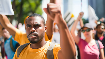 Black man leading protest with raised fist and group of people behind, showing unity for social justice movement - obrazy, fototapety, plakaty