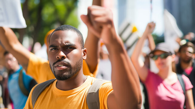 Black man leading protest with raised fist and group of people behind, showing unity for social justice movement