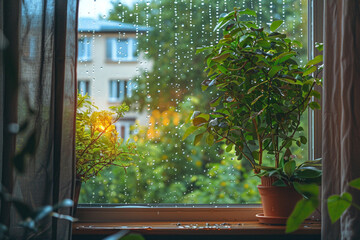 view from the window with rain 