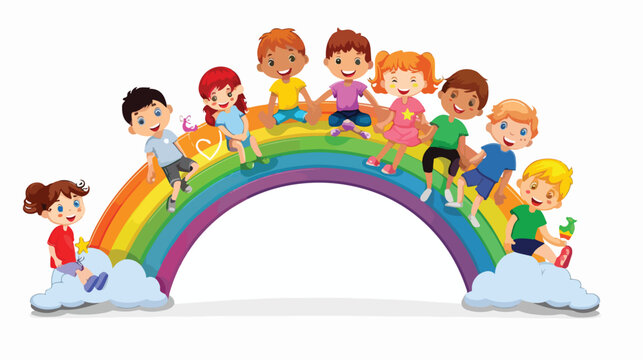 Cartoon children sitting on rainbow flat vector isolated