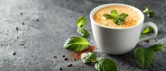   A cup of cappuccino with a sprig of green leaves on its surface
