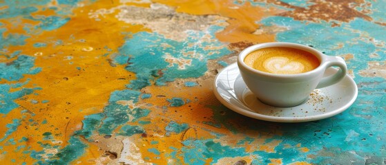   A cup of coffee on a blue-yellow painted table with a saucer underneath it - obrazy, fototapety, plakaty
