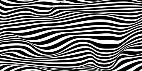 Background with wavy lines. Twisted duo tone backgrounds. Abstract pattern from lines, halftone effect. Black and white texture. Minimalist design template for poster, banner, cover, postcard. - obrazy, fototapety, plakaty