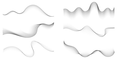Set of flowing dot particles wave pattern halftone black gradient smooth curve shape isolated on transparent background. Vector in the concept of technology, science, music, modernity - obrazy, fototapety, plakaty