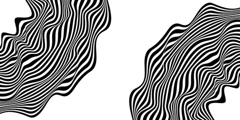 Background with wavy lines. Twisted duo tone backgrounds. Abstract pattern from lines, halftone effect. Black and white texture. Minimalist design template for poster, banner, cover, postcard.