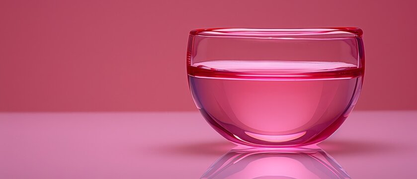   A glass holding liquid atop a pink table, adjacent to a pink wall and displaying a mirror image