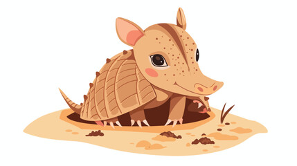 Cartoon cute baby armadillo out of a hole flat vector