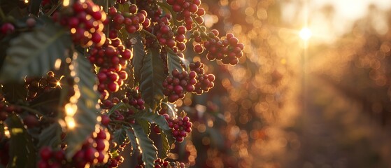   A close-up of juicy berries hanging from a tree, with the sunlight filtering through the foliage above and illuminating the background - obrazy, fototapety, plakaty