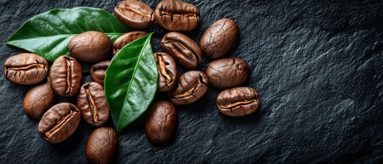   Coffee beans on slate with green leaf - obrazy, fototapety, plakaty