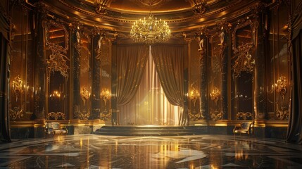 Opulent ballroom with grand chandeliers, golden decor, and a central stage with curtains.