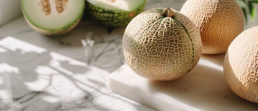   A cluster of cantaloupes on a kitchen surface beside sliced cucumbers on a cutting board