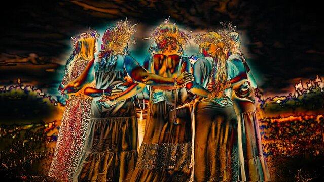 Women in flower wreath on night meadow. Floral crown, symbol of summer solstice, artistic effect. Loop Animation.