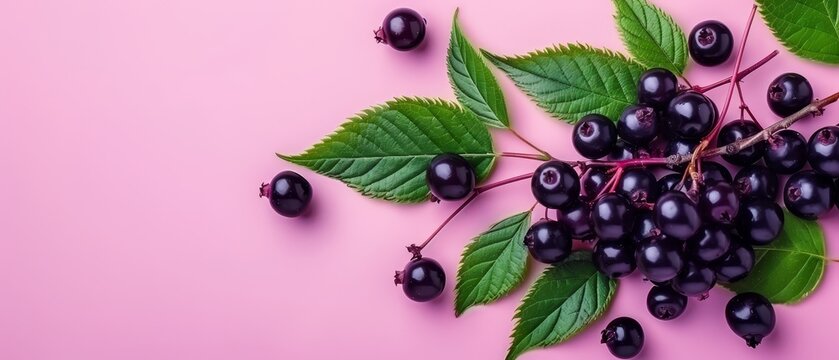   A bunch of blackberries with green leaves on a pink background is the perfect setting for clear and concise copy Space is available for both text and images, making it an ideal canvas for your