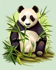 Wandaufkleber A panda bear is sitting in field of green grass © Екатерина Переславце