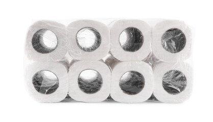 Package with many soft toilet paper rolls isolated on white