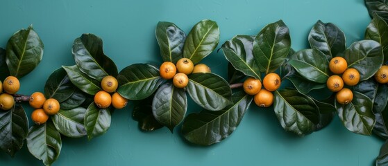   Oranges sitting atop a green wall, surrounded by branches with oranges
