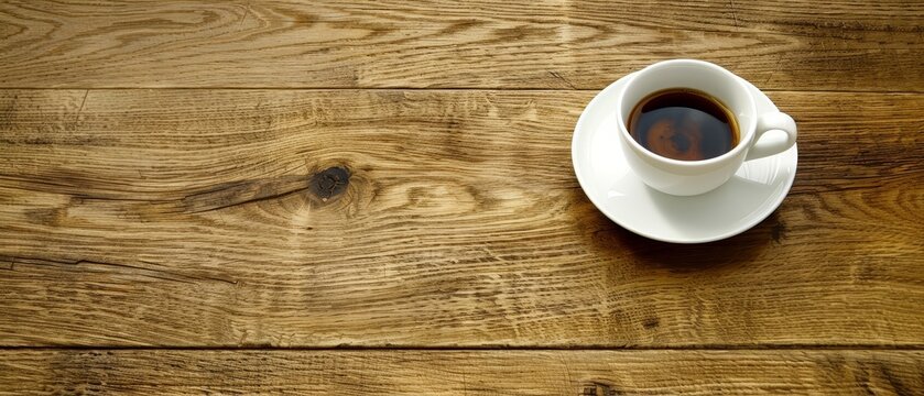   A cup of coffee sits on a saucer atop a wooden table alongside a spoon and a spoon rests atop the saucer