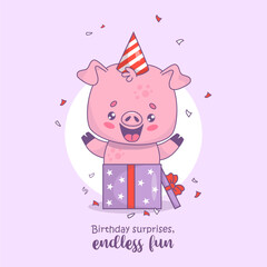 Cute happy pig in gift box wearing birthday cap. Vector illustration. Festive birthday card with funny cartoon kawaii animal character