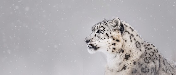   Snow leopard on snow with head turned sideways, eyes closed - obrazy, fototapety, plakaty