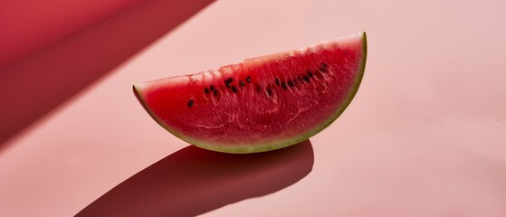   A watermelon resting atop a pink background, casting its shadow below