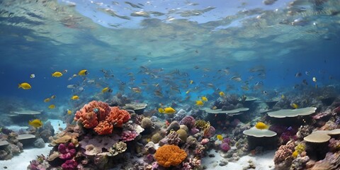 A vibrant coral reef teeming with colorful fish, different types of coral formations, and a clear blue ocean above