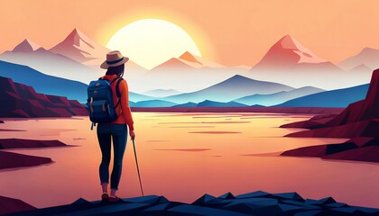 woman is standing on a rocky mountain top, looking out at a beautiful sunset - obrazy, fototapety, plakaty
